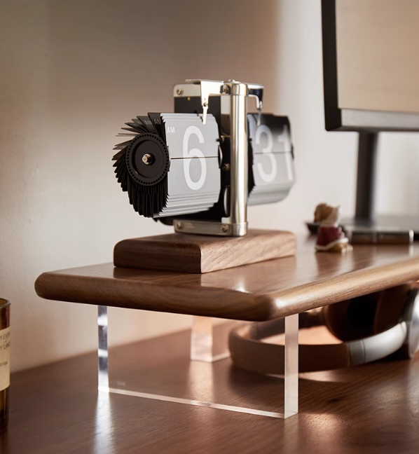 side view of FAS-grade walnut desk shelf with acrylic stand