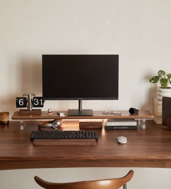 front view of FAS-grade walnut desk shelf with acrylic stand