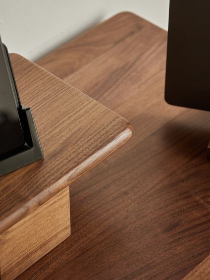 base details of FAS-grade walnut desk shelf with height-adjustable base 